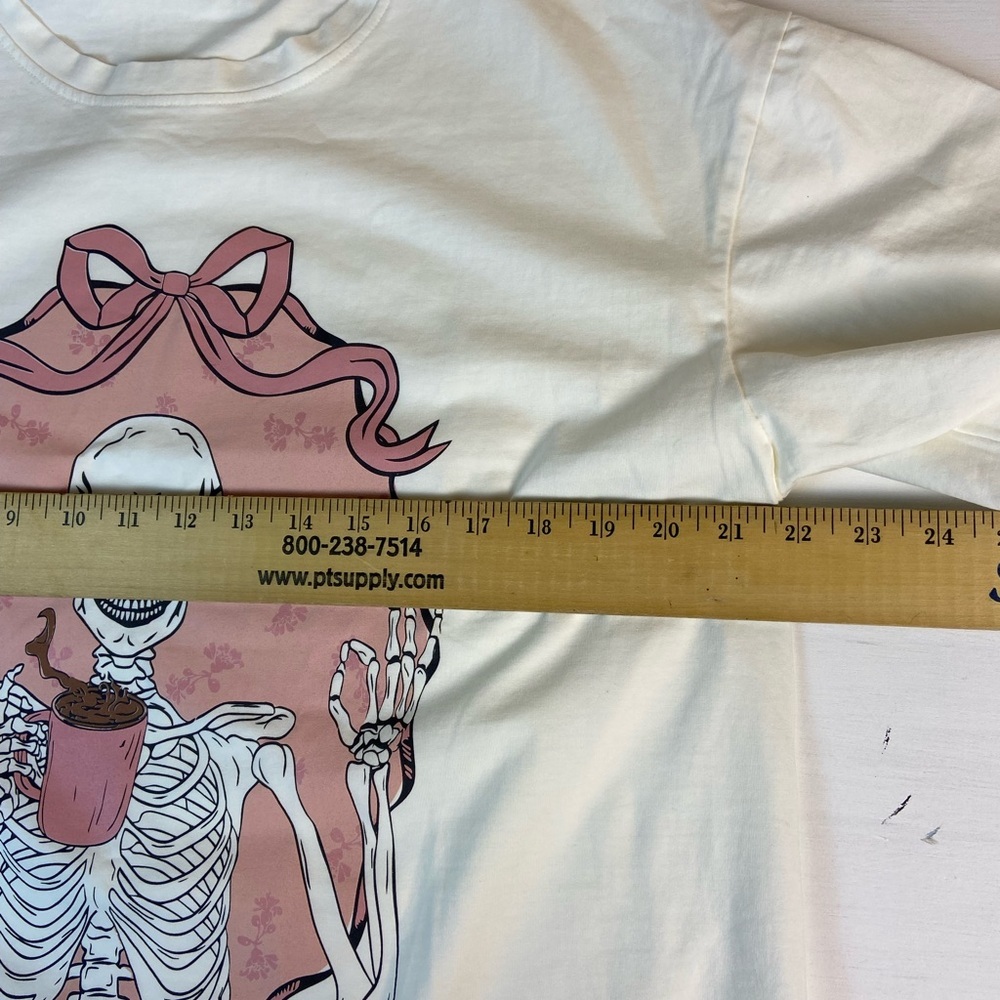 New Skeleton Coffee Graphic Tee White Pink Bow Gothic Cute Oversized S/M - Picture 5 of 10